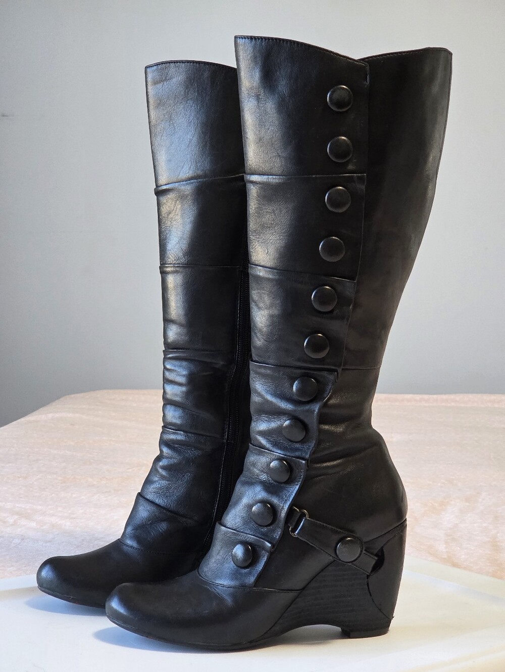 Miz Mooz Siri Black Leather Button Wedge Tall Boots Sz 38 (7.5-8)